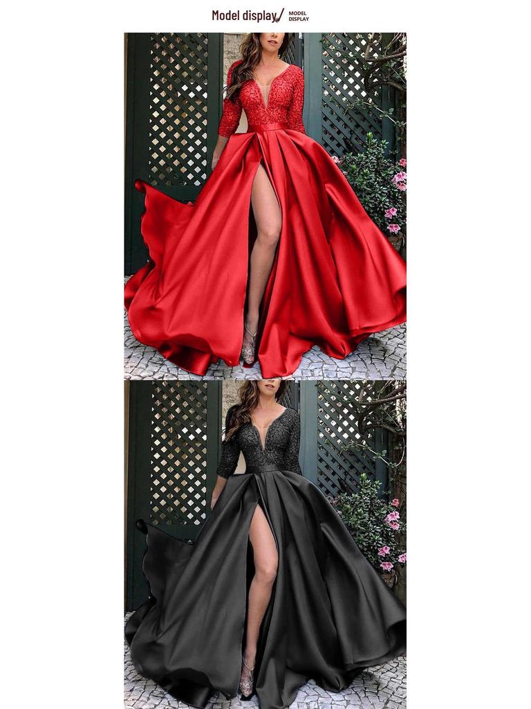 2025 Spring/Summer Women's European and American Lace Sequin Evening Gown with Train