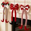 Winter Holiday Home Decoration Christmas Long Legs Bow Ornament, Plush Velvet Hanging Decor with Bendable Soft Ornaments for Xmas Tree Legs, Red White