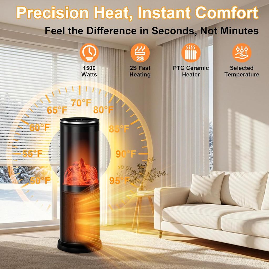 1500W Portable Space Heater with Thermostat, Remote, Timer, Oscillation, 8 Safety Features – Black
