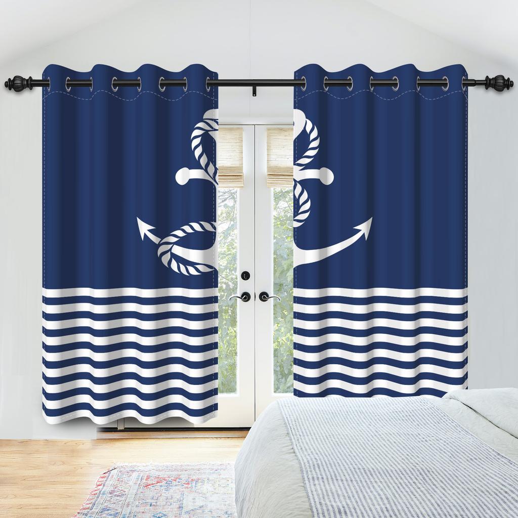 Nautical Themed 100% Blackout Curtains Multiple Designs Navy Style Curtains For Bedroom Living Room Decor Grommet Window Drapes