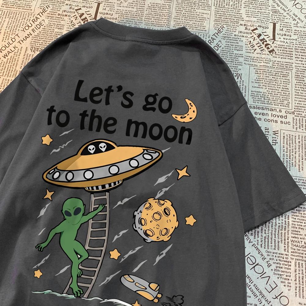 Let'S Go To The Moon Alien Ufo Mens T-Shirt Cotton Loose Tops Loose Crewneck T Shirts Casual Breathable T Shirt Couple Clothes