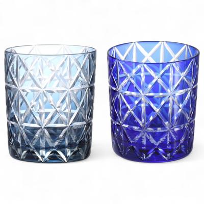 Mizukage Kiriko Pair Rock Glasses Cups 280cc Diamond Pattern Ink Blue Blue Bishou Current Model J-kitchens 80xH90mm &