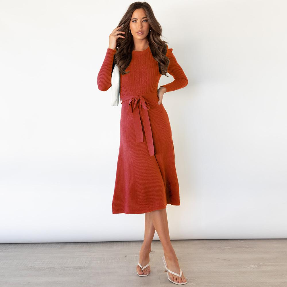 Vestido longo de malha sólida outono inverno, gola redonda, manga comprida, cintura alta, balanço grande S-XXL
