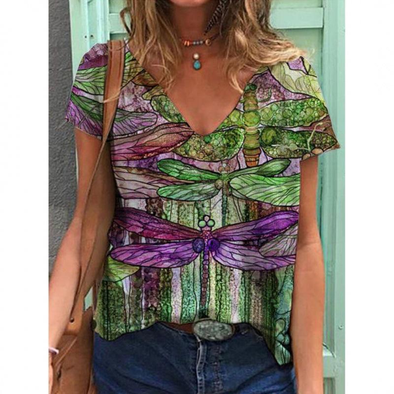 V-neck T Shirts Street 3D Printed Tees Short Sleeved Floral Bird Loose T-shirt for Women