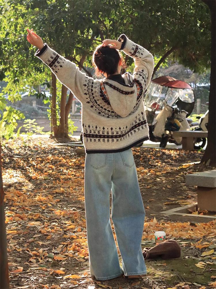 

Women s Fair Isle Vintage Hooded Sweater Coat – Autumn/Winter Lazy Style Soft Knit Cardigan Top One Size (Suitable for 80-140jin)