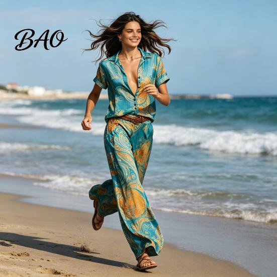 Lässiges Sexy Blusen 2-teiliges Set für Damen, Knopfleiste Kurzarmhemd Retro Urlaubsstil Und Weite Hosen Passende Sets, Sommer Bedruckt