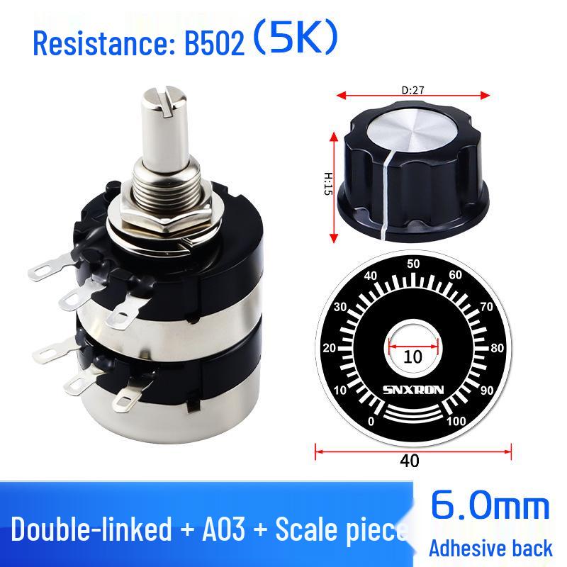 Dual-Gang Carbon Film Potentiometer: RV24YG20S, Variable Frequency Speed Control with B102/202/502 Knob Scale, Available In 5K/20K Ohm.