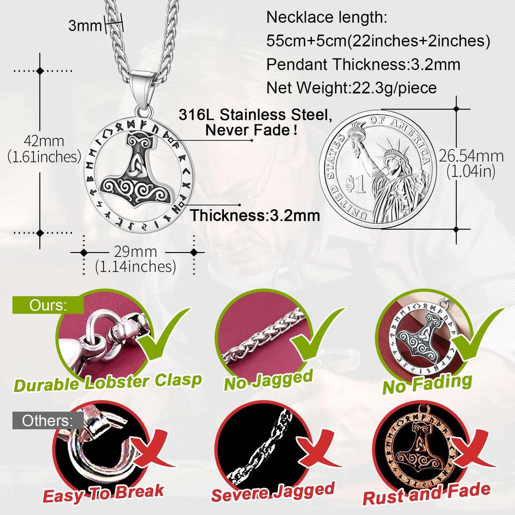 U7 Stainless Steel Viking Rune Hammer Necklace for Men Woman Norse Mythology Power Strength Symbol Pendant Unisex Jewel