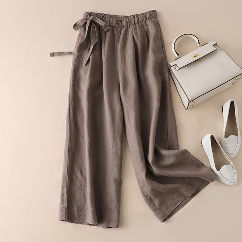 

Брюки с широкими штанинами девять дюймов для женщин из летнего хлопка и льна тонкого дизайна с высокой посадкой, боковыми ремешками, в стиле ретро, художественные, эластичные, повседневные брюки для женщин 2XL