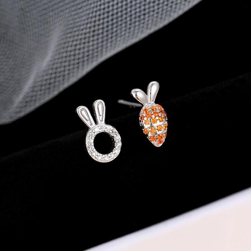 Banyan Tree S925 Silver Asymmetrical Rabbit & Carrot Zircon Earrings for Women