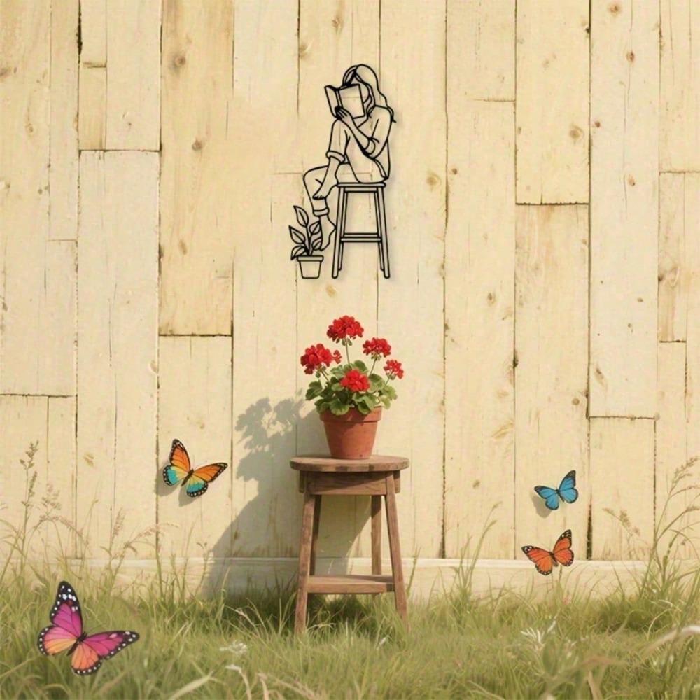 Modern Black Metal Wall Art Female Reading Sculpture Durable Iron Decor for Home Office Library Valentine Gift Easy Install