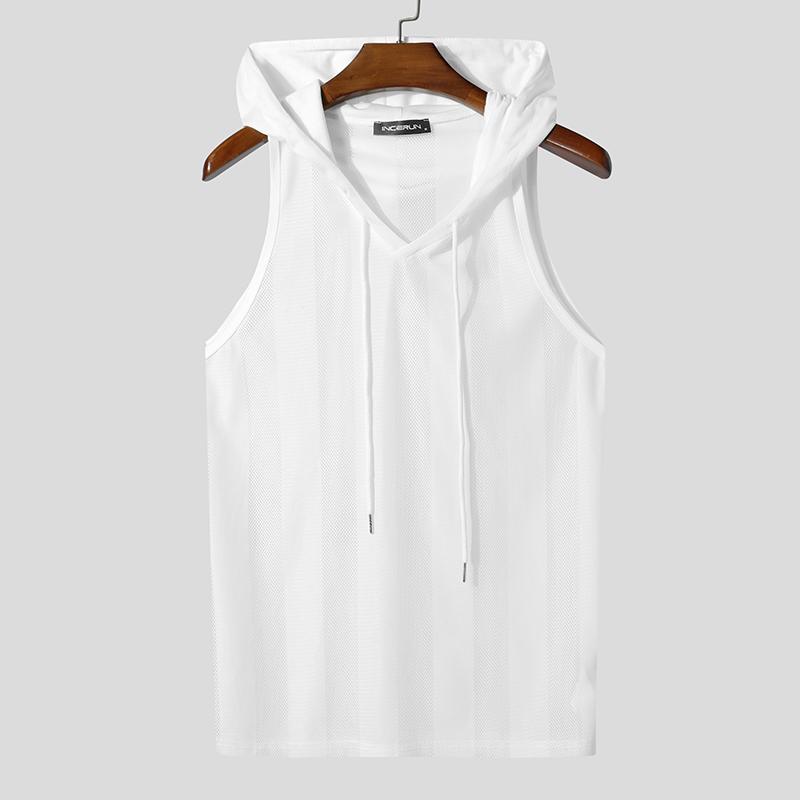 INCERUN Men Sleeveless Striped Transparent Mesh Sheer Hooded Tank Tops
