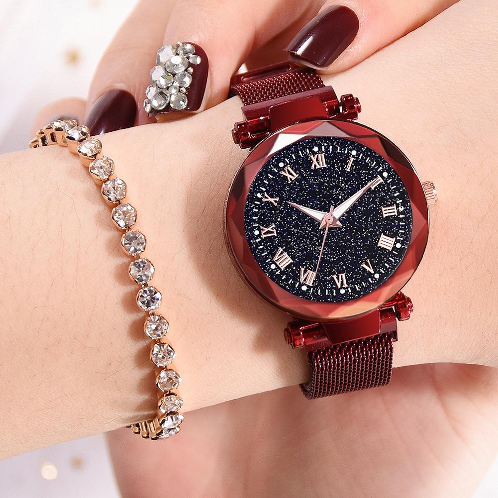 Fashionable Women Round Dial Roman Numerals Quartz Alloy Mesh Belt Wristwatch(Red)
