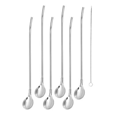 6Pcs Long Handle Straw Spoon with Cleaning Brush Stainless Steels Straw Cocktail Stirring Spoon for Iced Teas Milkshakes