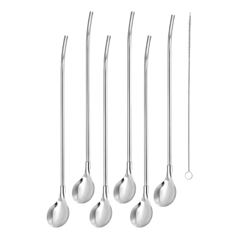 

6 шт. Ложка-соломинка з довгою ручкою та щіткою для чищення, соломинка з нержавіючої сталі, ложка для перемішування коктейлів для холодного чаю, молочних коктейлів 1