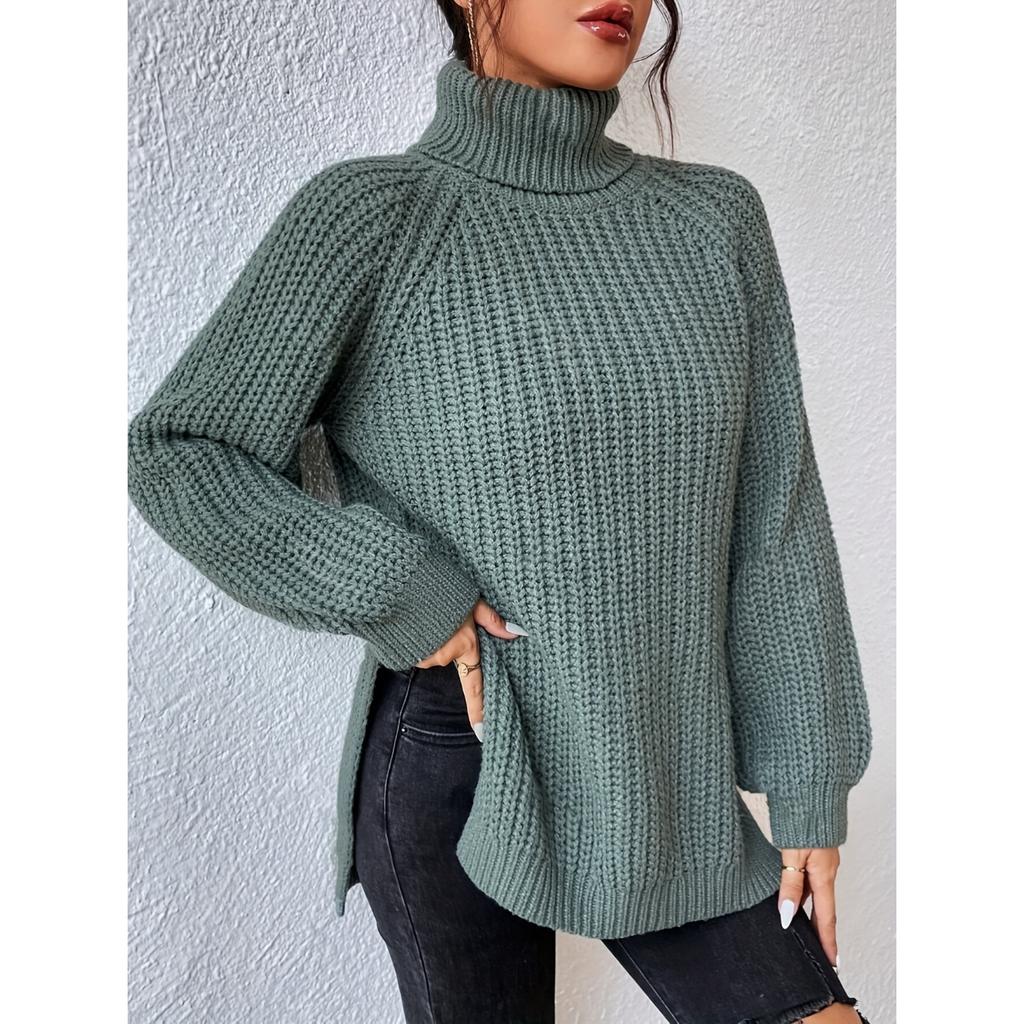 Turtleneck Knitted Split Hem Versatile Sweater, Casual Long Sleeve Sweater for Fall & Winter, Women's Clothing