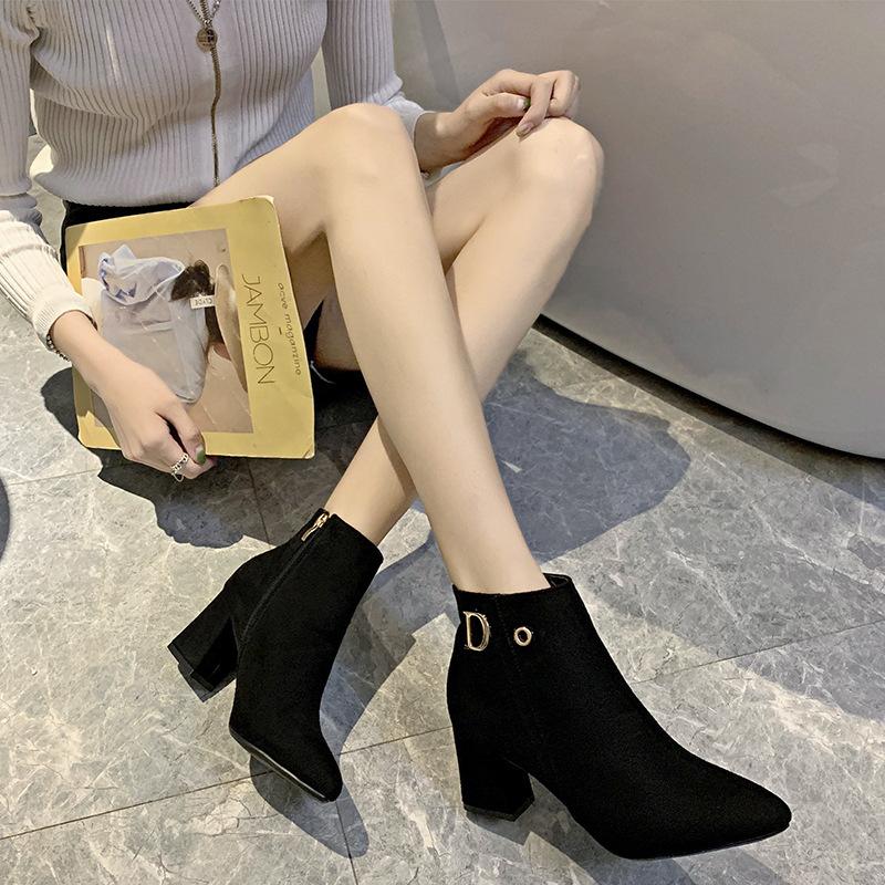 Autumn and winter European and American new thick heel pointed suede high heel large size side zipper short boots