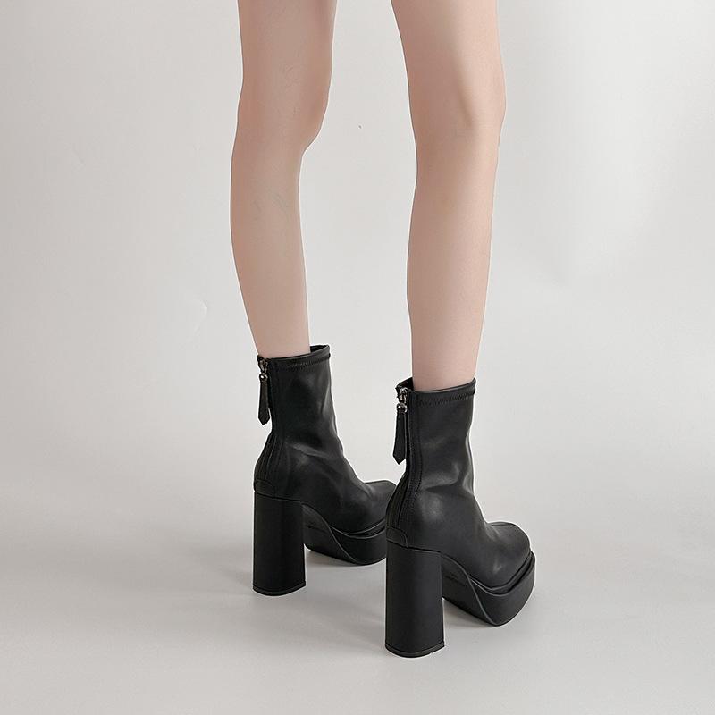 Fashion high sense super high heel thin boots women's autumn and winter Korean version thick heel leather boots non-slip rear zipper short boots