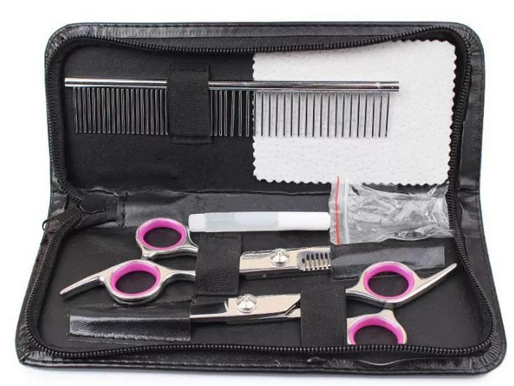 Portable Pet Grooming Scissor Set: Flat & Curved Hairdressing Tools