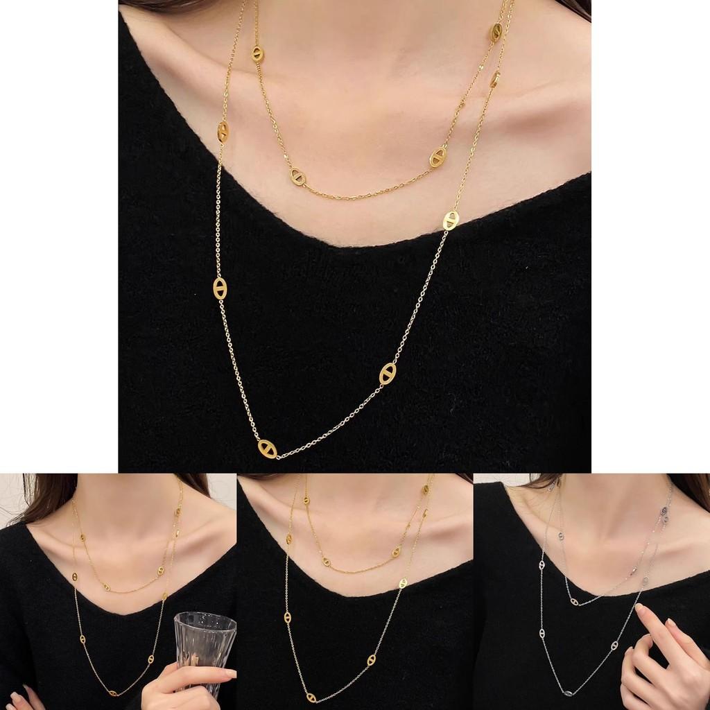 Fashionable 120cm Layered Titanium Steel Necklace For Women With Trendy Double Rings