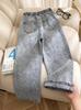 Tween Girls Heart Embroidered Elastic Waist Wide Leg Jeans Loose Straight Denim Pants Cute Casual Everyday Outfit