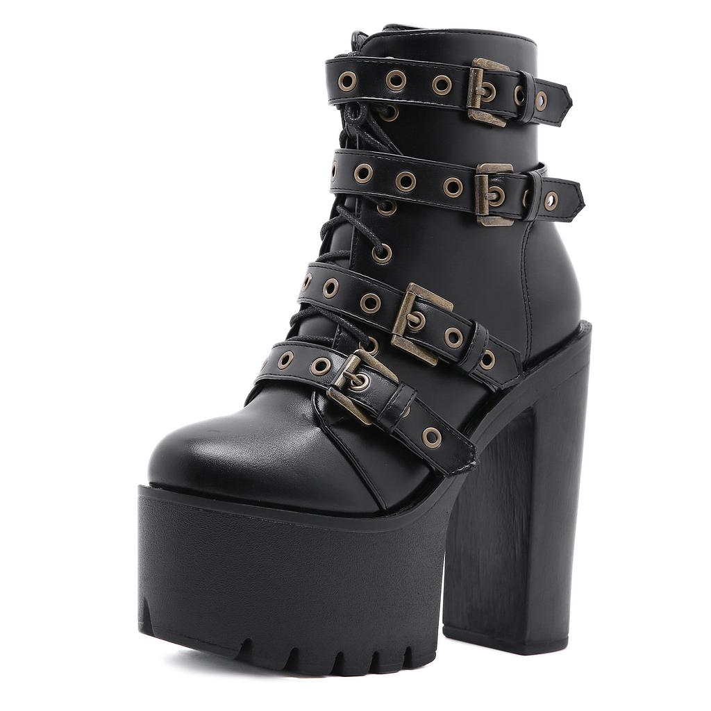 Fashion New Sexy Chain Women Leather Autumn Boots Block Heel Gothic Black Punk Style Platform Shoes Female Footwear High Quality
