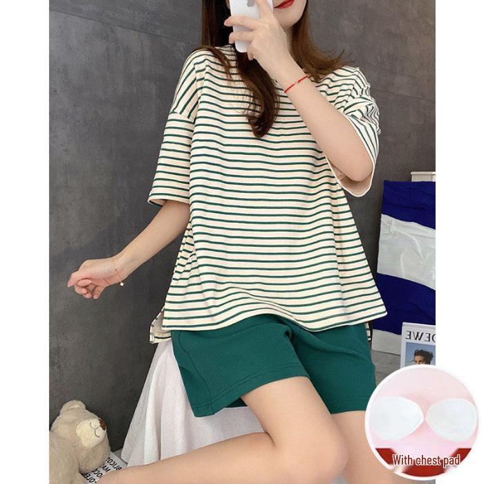 2023 Women's Summer Striped Short Sleeve Set with Chest Pad (Shorts and Long Pants)