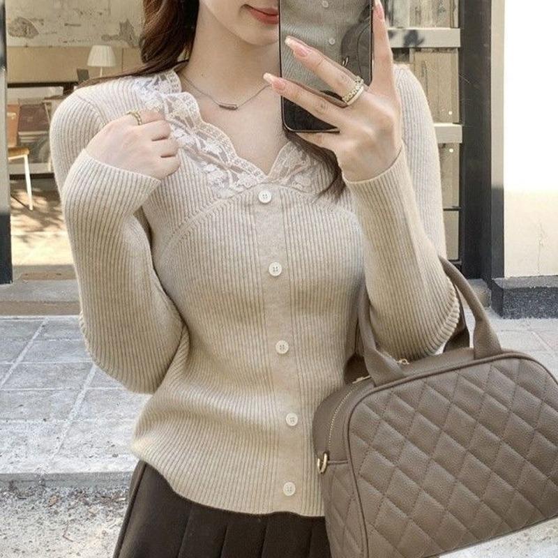 Herbst Winter V-Ausschnitt Langarm Strick Damen Pullover Top Lässig Einfach Spitze Büro Unterziehshirts Damen Süß Basic Slim Fit Knöpfe Pullover