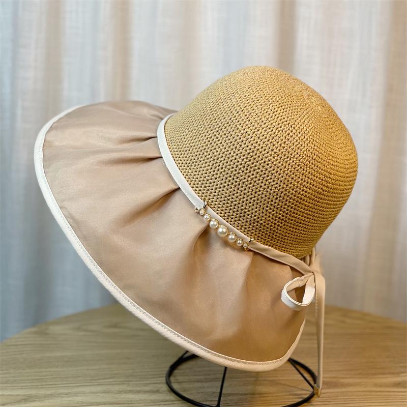Summer Hat Women Beads Rope Chain Bucket Hat Sunshade Breathable Wide Brim Sun Hat Beach Accessories Sunhats Ladies New