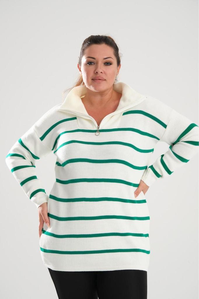 Women's Big Size Blouse Black Zipper Collar Black Striped Knitted Knitwear Plus Size Blouse