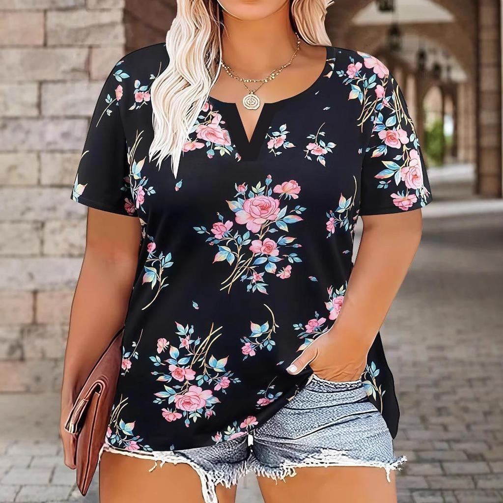 T-shirt à manches courtes pour femme grande taille à col en V et imprimé ethnique printemps/été 2025