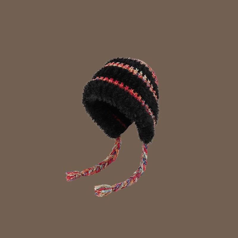 Autumn and Winter Plush Hat, Ear Protection, Headgear, Striped Color Matching Knitted Hat, Warm and Face-showing, Versatile Strap, Pullover Hat
