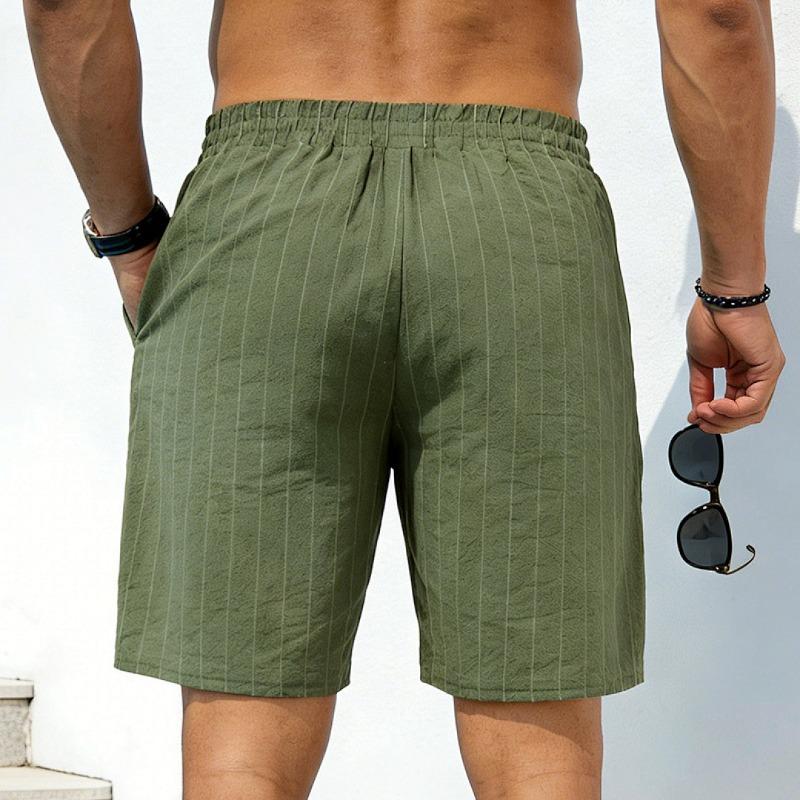 Mens Striped Linen Drawstring Beach Shorts Summer Casual