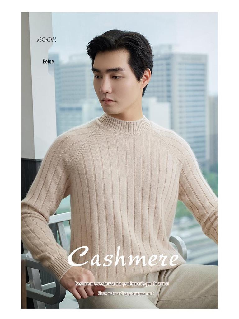 Men's Slim Fit Autumn Cable Knit Pullover Sweater - Korean Style Semi-High Neck Cashmere Shirt