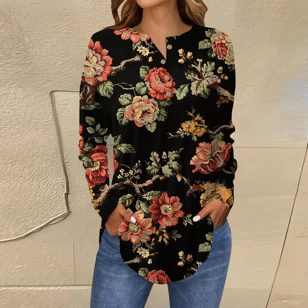 T-shirt à manches longues et col boutonné ample pour femme