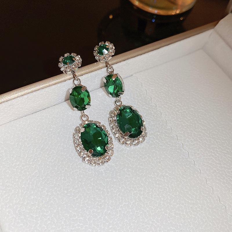 Emerald diamond leaf fringed earrings light luxury stud earrings women's European and American earrings