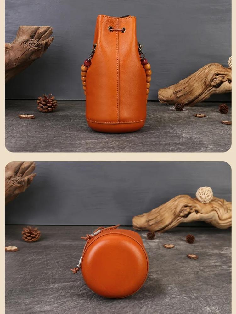 Johnature Geantă de umăr de damă din piele naturală lucrată manual, geantă crossbody retro cu șnur, mini geantă tip găleată de mână