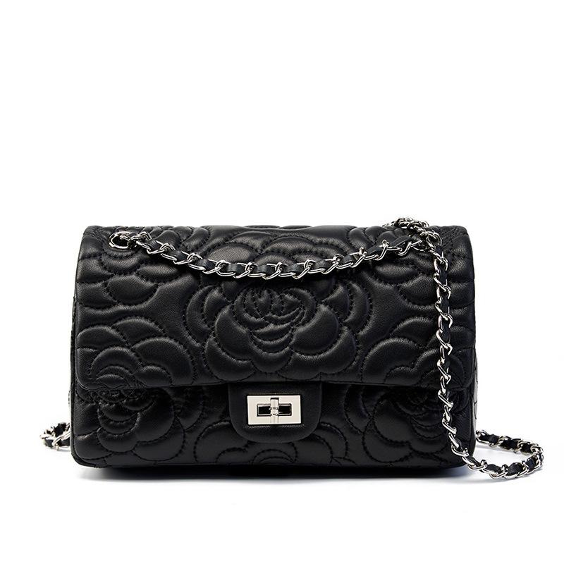 New leather small square bag camellia pattern first layer sheepskin texture chain crossbody women's bag