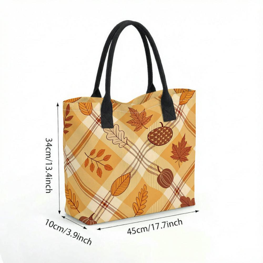 Autumn Maple Pumpkin Plaid Canvas Tote Bag Casual Large Capacity Reusable Daily Shoulder Handbag for Women
