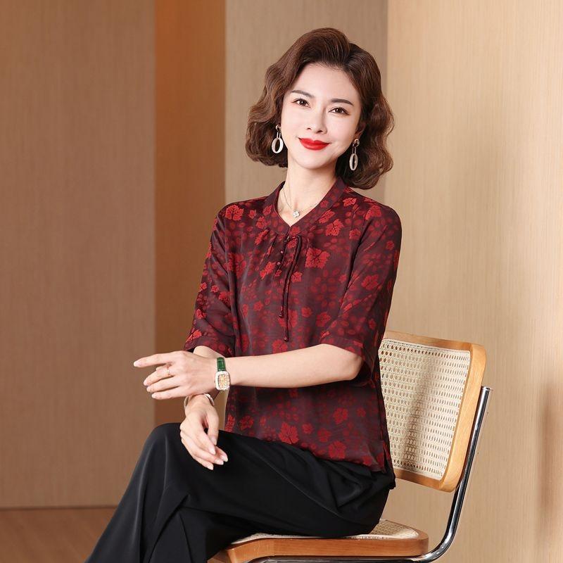 Chinese Summer Chiffon Shirt Mid-sleeve Stand Collar Middle-aged and Elderly Women's New Summer Small Shirt Loose Top