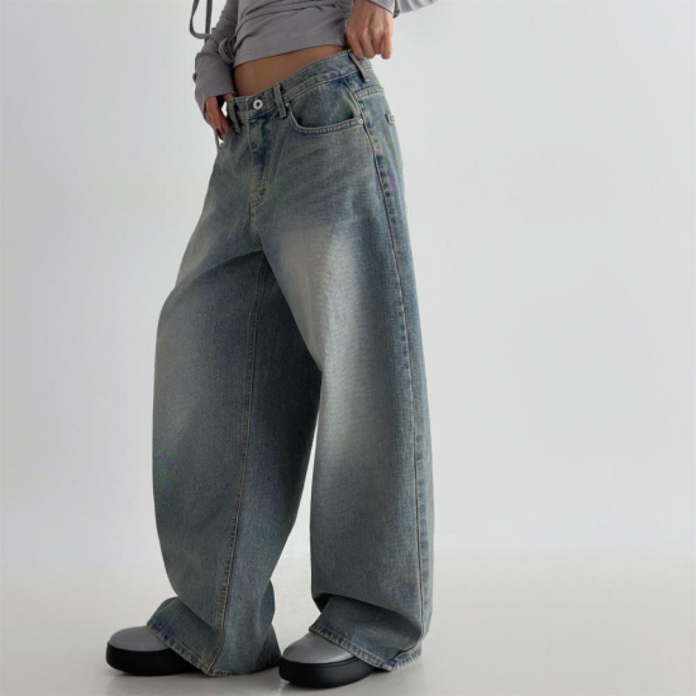 New Arrivals Open Run Balloon Denim Pants Curved Vintage Wide Jeans