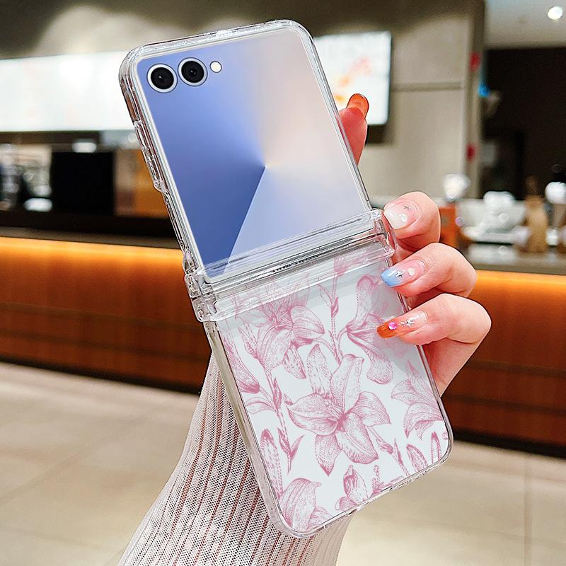 Lotus Flower Pattern Phone Case For Samsung Galaxy Z Flip 7 FE 6 5 4 3 5G Folding Hard PC Clear Cover For Samsung Z Flip7 Flip6