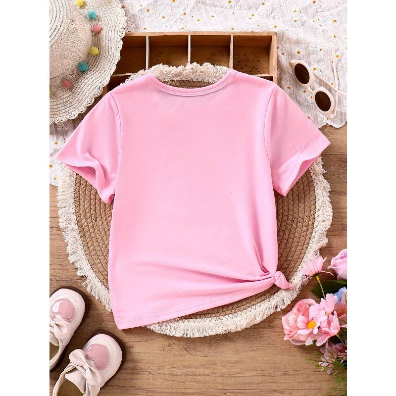 European Size Childrens Crew-neck Short-sleeved T-shirt with Bowknot Pattern Print