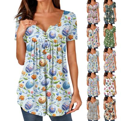 Women's Tunic Tops Dressy Casual Summer Printed  Short Sleeve Shirts Loose Fit Pleated Boho Top