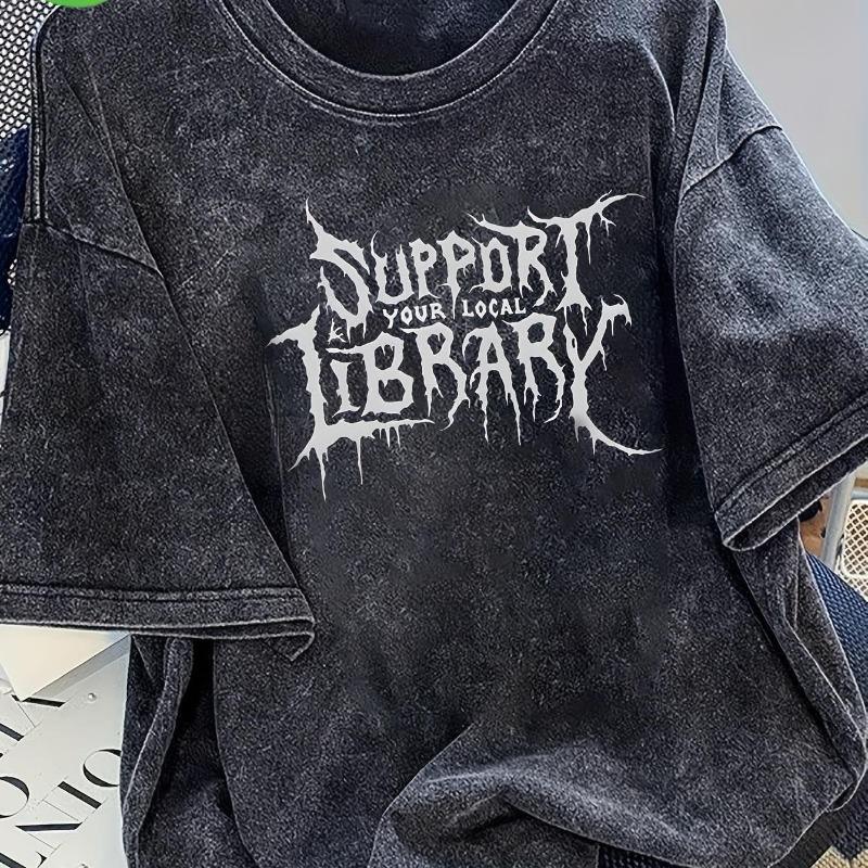 

Men s Retro Support Local Libraries Printed Short-Sleeve Washed T-Shirt , Breathable Summer Casual Top, Round-Collared , Soft , Loose-Fitting Shirt 5XL чорний