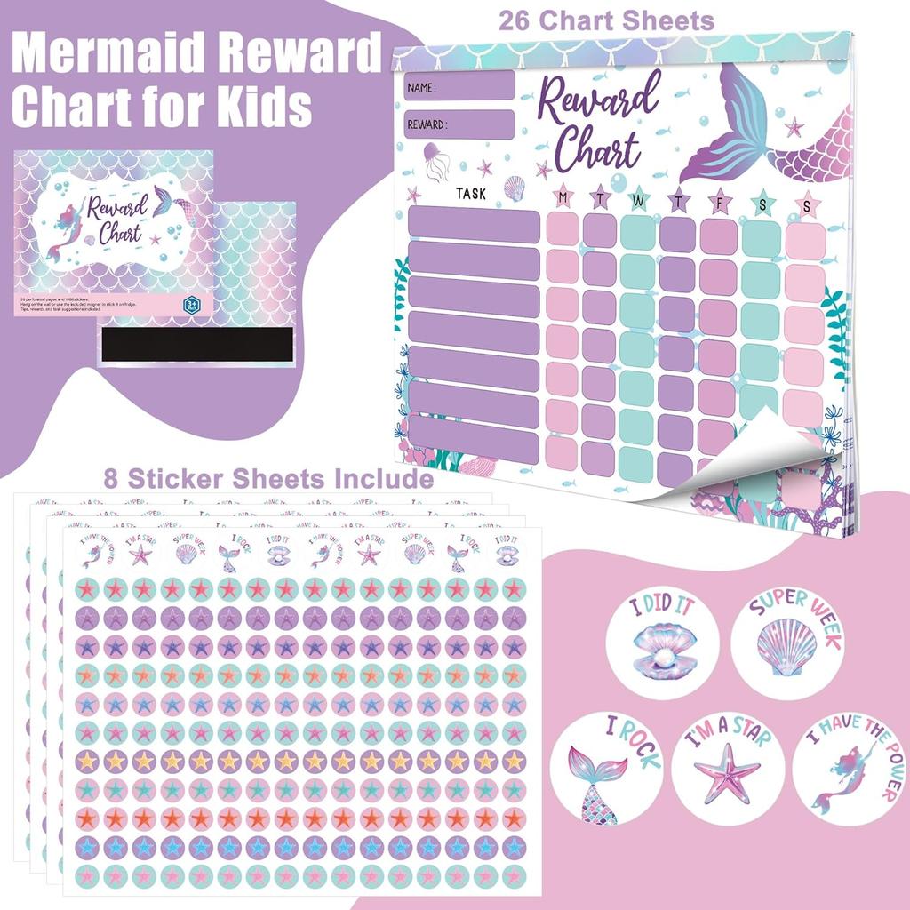 Reward Chart for Kids Magnetic Mermaid Behavior Chore Pad 26 Incentive Chore Charts with 1408 Star 80 Shell Starfish Themed Reward Stickers for Kids