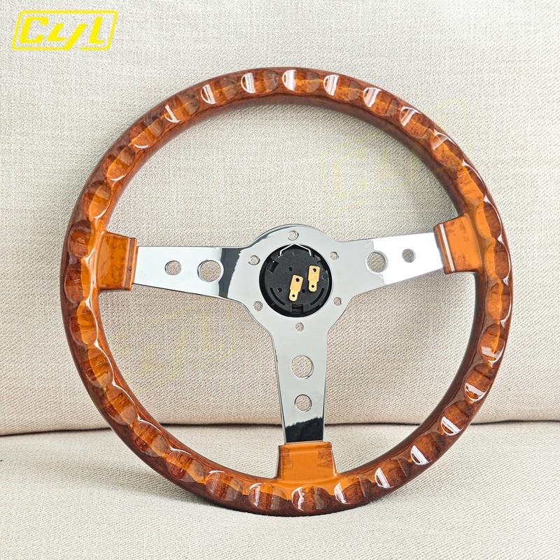 JDM 340mm Classic Wood Style Steering Wheel Chrome Spoke Vintage Sports Steering Wheel