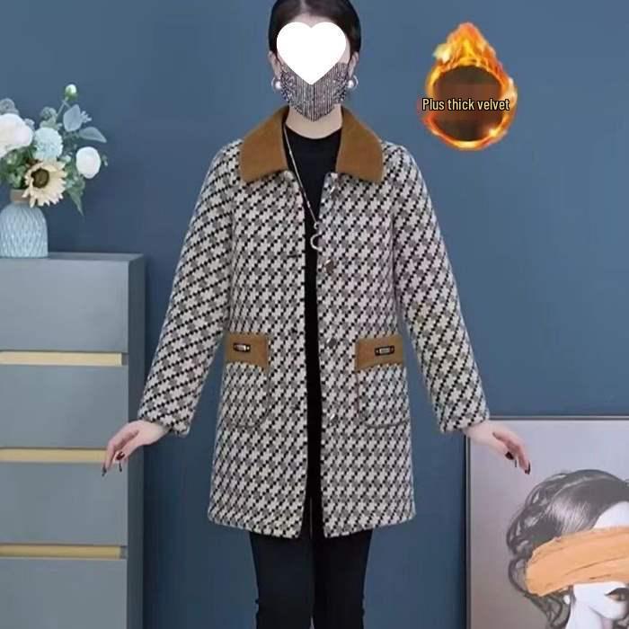 Autumn & Winter Fashionable Mid-Length Plaid Coat for Middle-Aged and Elderly Women