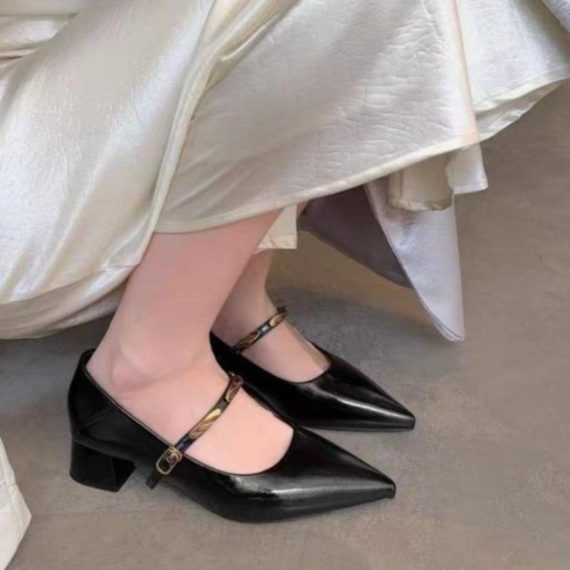 Metallschnalle Einriemen Blockabsatz Einzelne Schuhe Herbst Neu Spitzschuh Flachmaul Rutschfest Kitten Heel Schuhe