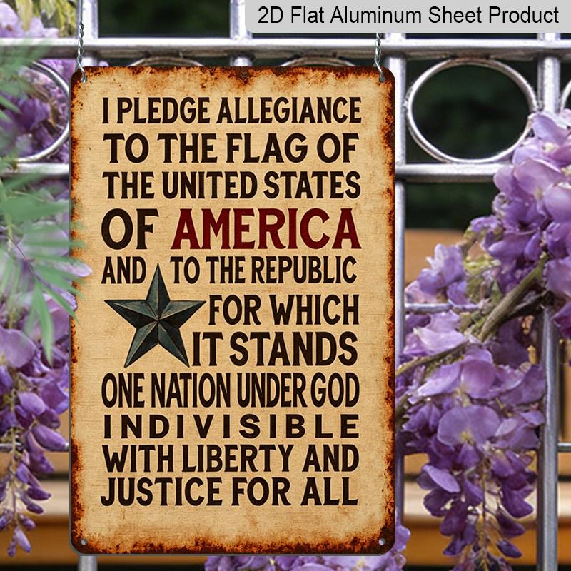 2D Flat, Vintage Aluminum Pledge of Allegiance To The United States Sign - Distressed Flag Wall Art with Stars & Stripes, Rustic Patriotic Home